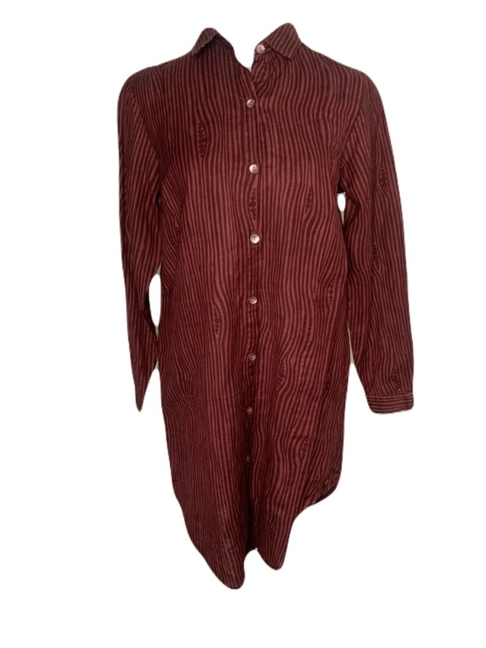 Gundrun Sjoden Small Burgundy Striped Linen Cotton Blend Button Wood Shirt Dress